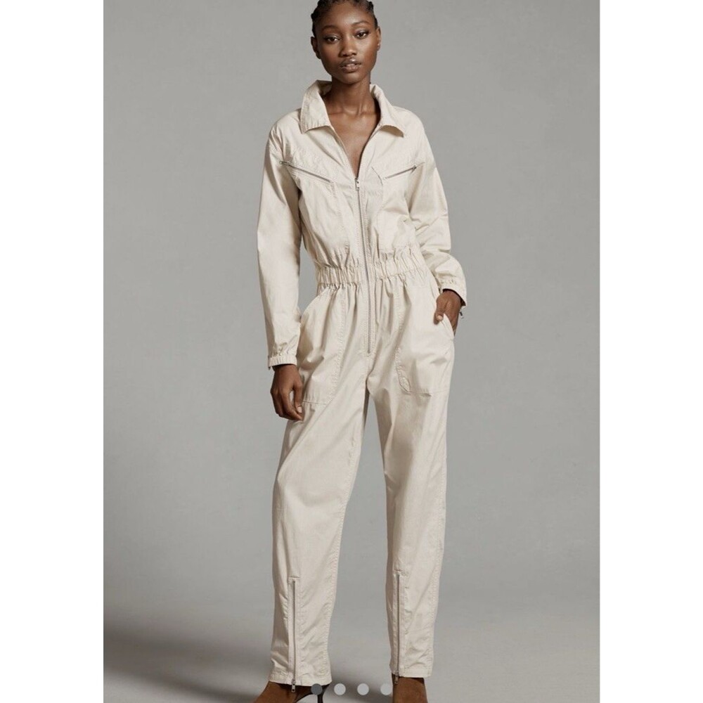 Anthropologie Sydney Embroidered Utility Jumpsuit eyelet details  stone large